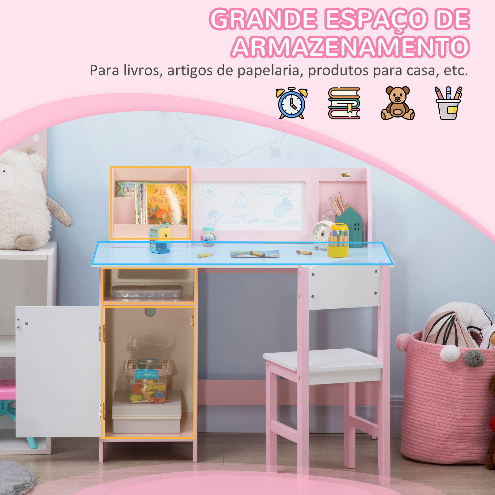 Conjunto de mesa e cadeira infantil de madeira com quadro branco mesa de estudo para crianças acima de 5 anos 90x45x85cm rosa