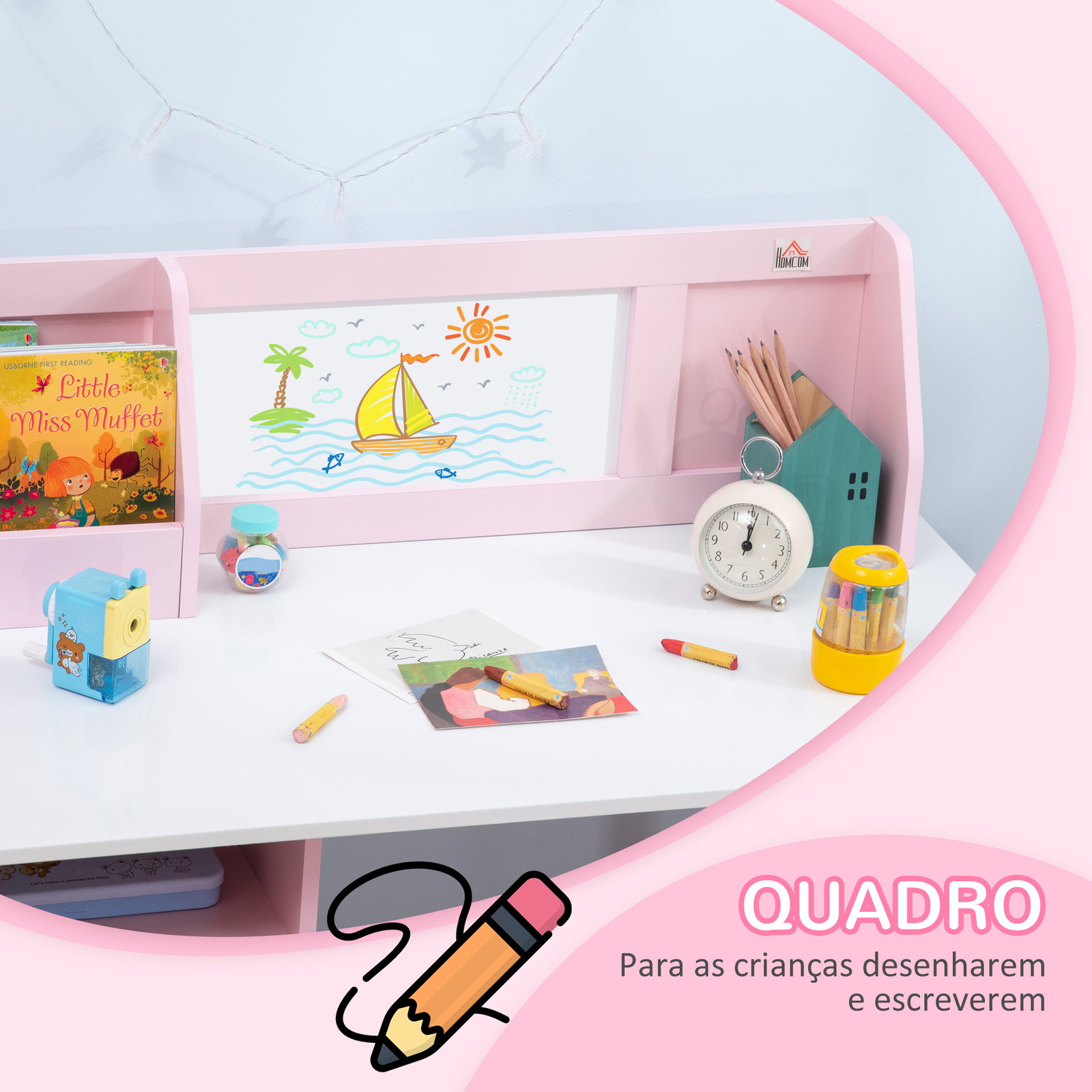 Conjunto de mesa e cadeira infantil de madeira com quadro branco mesa de estudo para crianças acima de 5 anos 90x45x85cm rosa