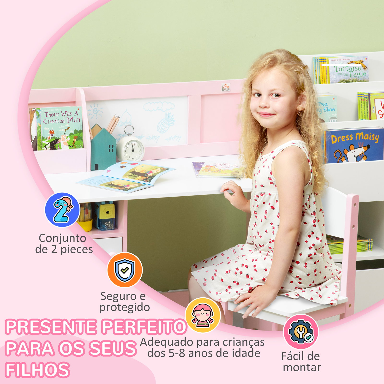 Conjunto de mesa e cadeira infantil de madeira com quadro branco mesa de estudo para crianças acima de 5 anos 90x45x85cm rosa