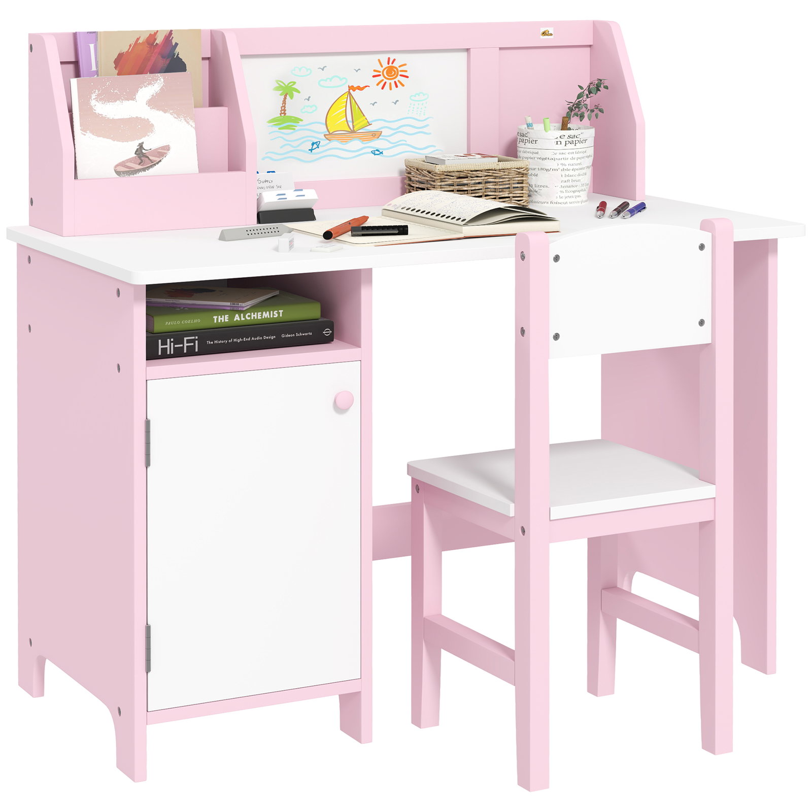 Conjunto de mesa e cadeira infantil de madeira com quadro branco mesa de estudo para crianças acima de 5 anos 90x45x85cm rosa