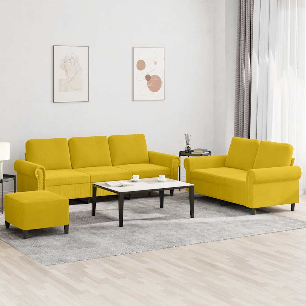 3 Pcs conjunto de sofás com almofadões veludo amarelo
