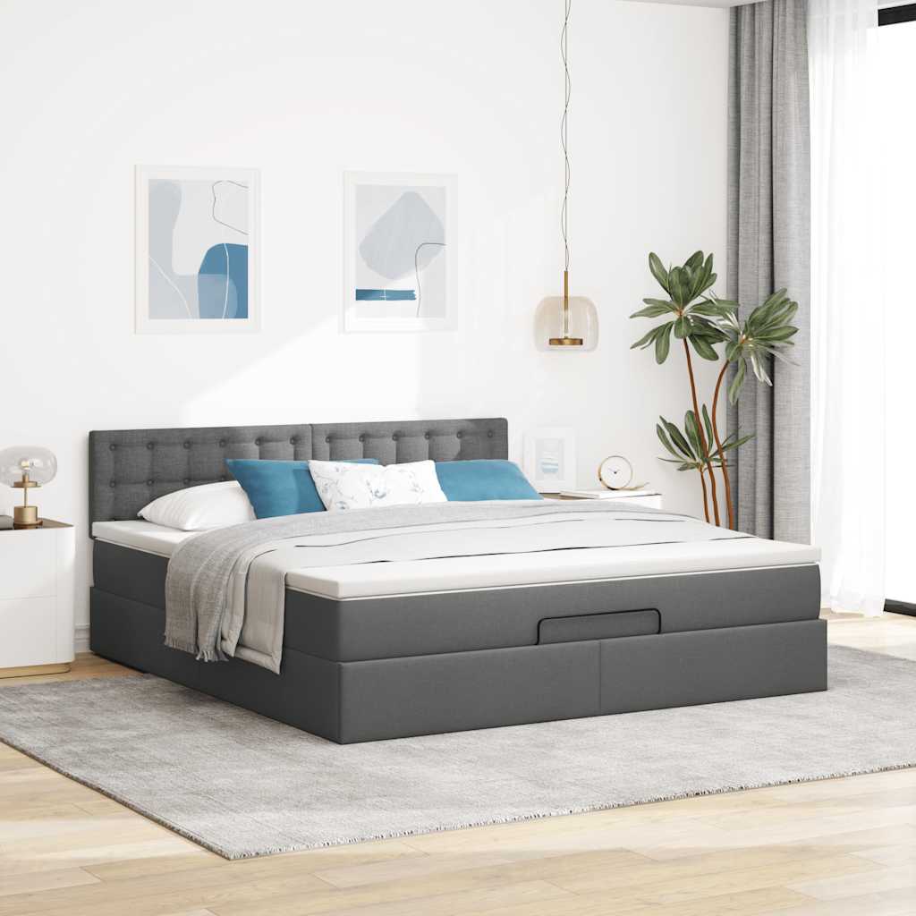 Estrutura de cama otomana com colchão tecido cinzento escuro