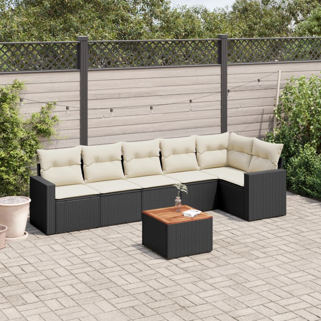 7 Pcs conjunto de sofás p/ jardim c/ almofadões vime PE preto