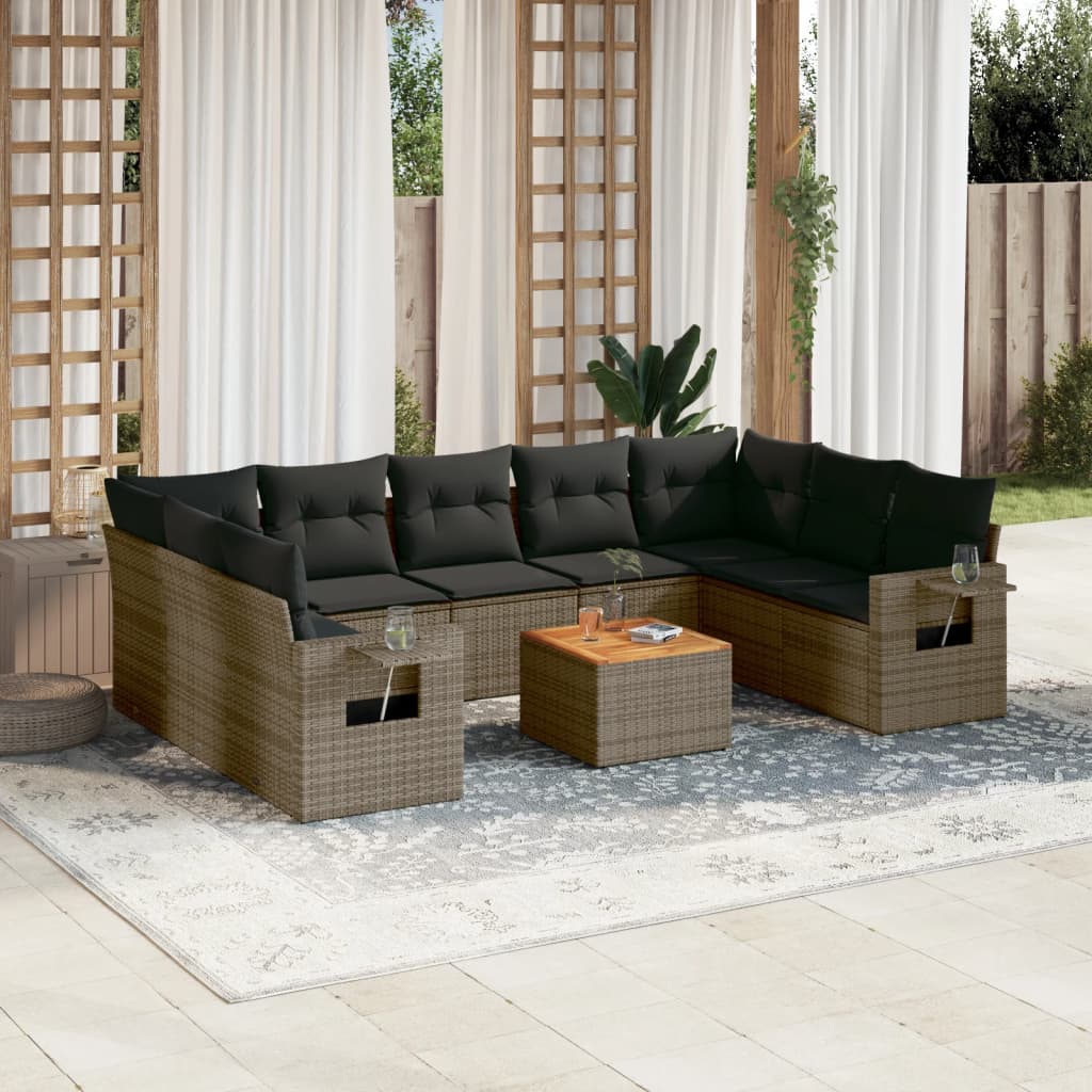 10 Pcs conjunto sofás de jardim c/ almofadões vime PE cinzento