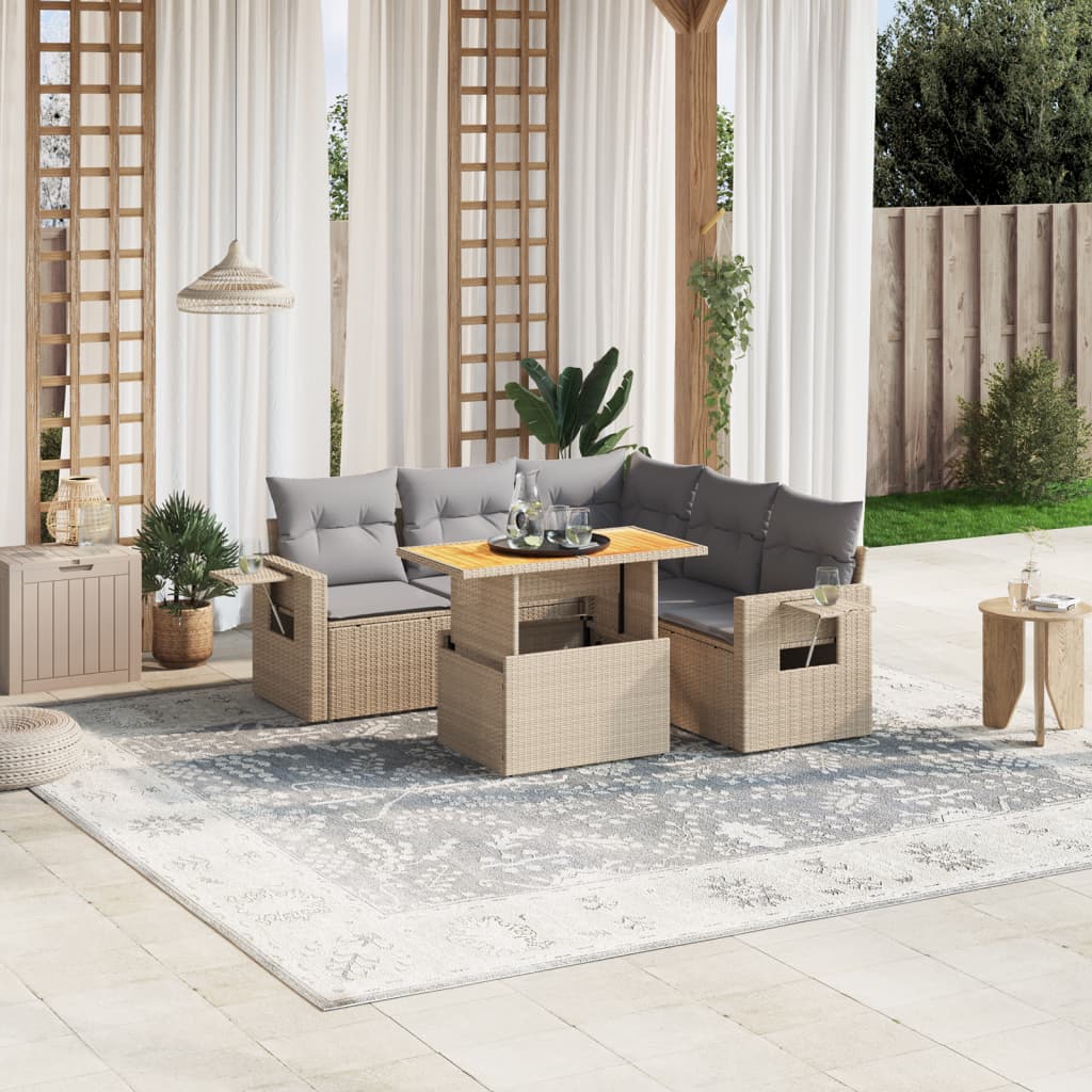 6 Pcs conjunto de sofás p/ jardim com almofadões vime PE bege