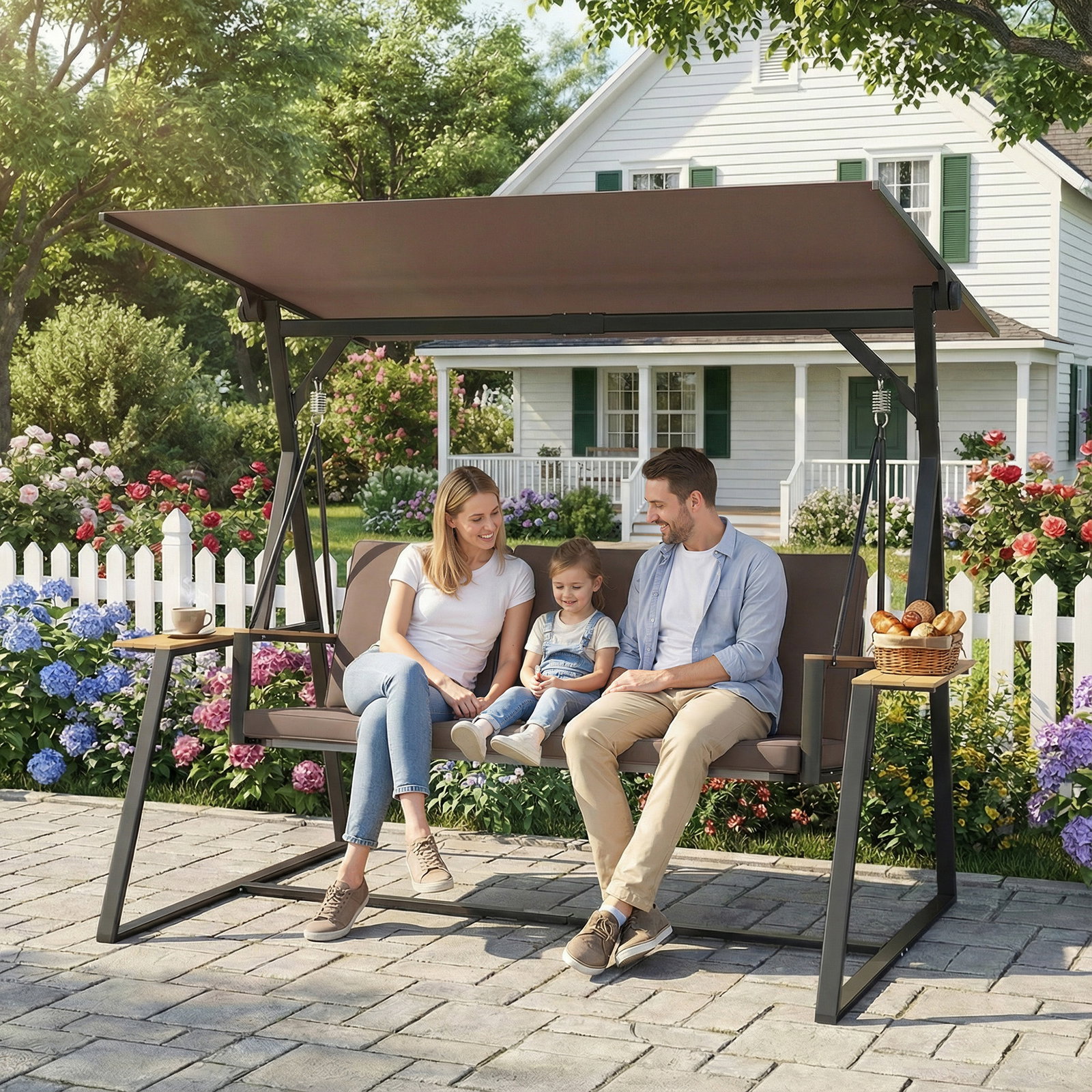Baloiço de jardim de 3 lugares com teto ajustável upf50+ 2 bandejas almofadas e estrutura em metal 222x131x175 cm marrom