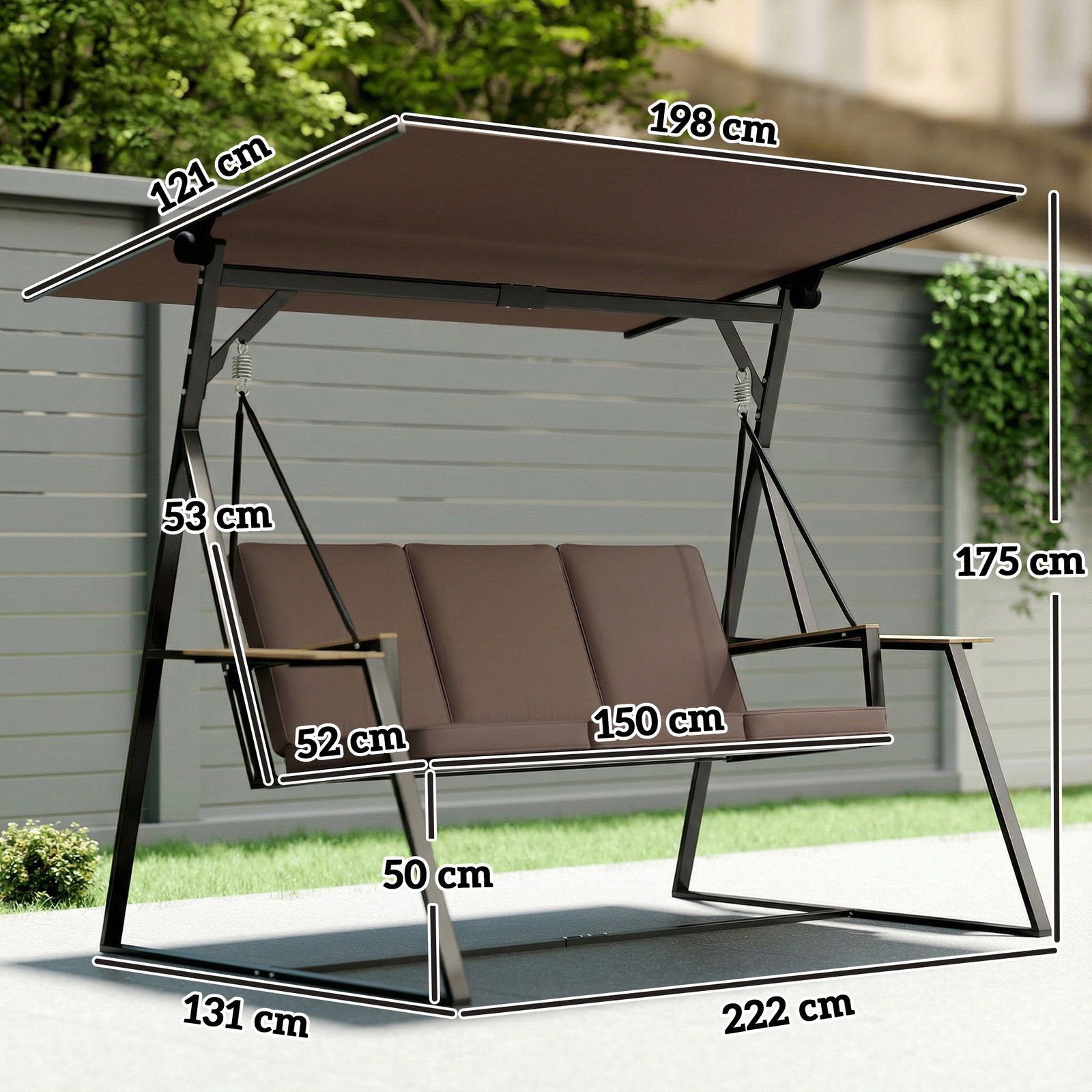Baloiço de jardim de 3 lugares com teto ajustável upf50+ 2 bandejas almofadas e estrutura em metal 222x131x175 cm marrom
