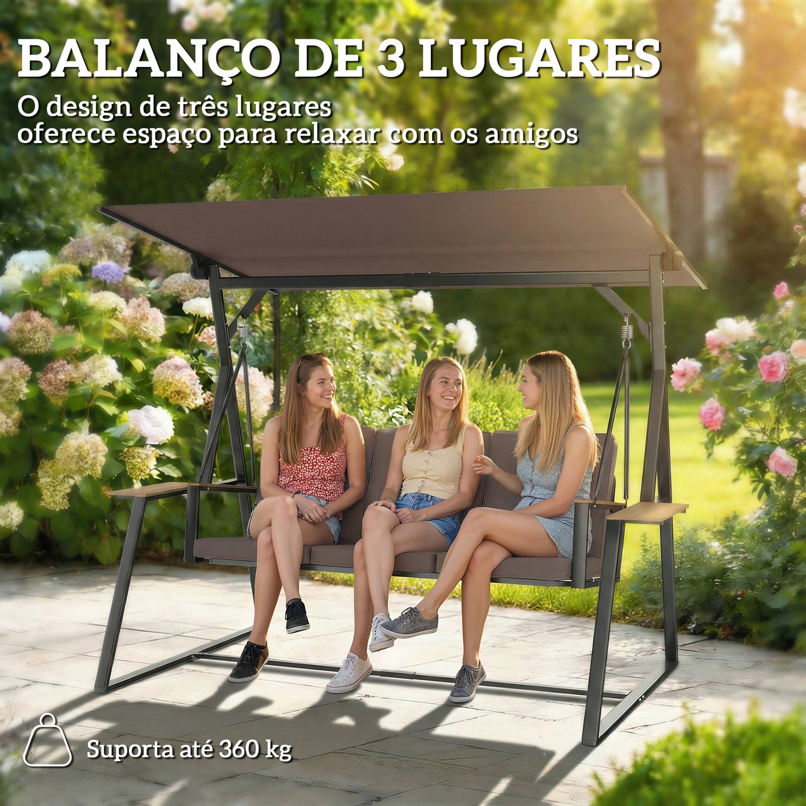 Baloiço de jardim de 3 lugares com teto ajustável upf50+ 2 bandejas almofadas e estrutura em metal 222x131x175 cm marrom