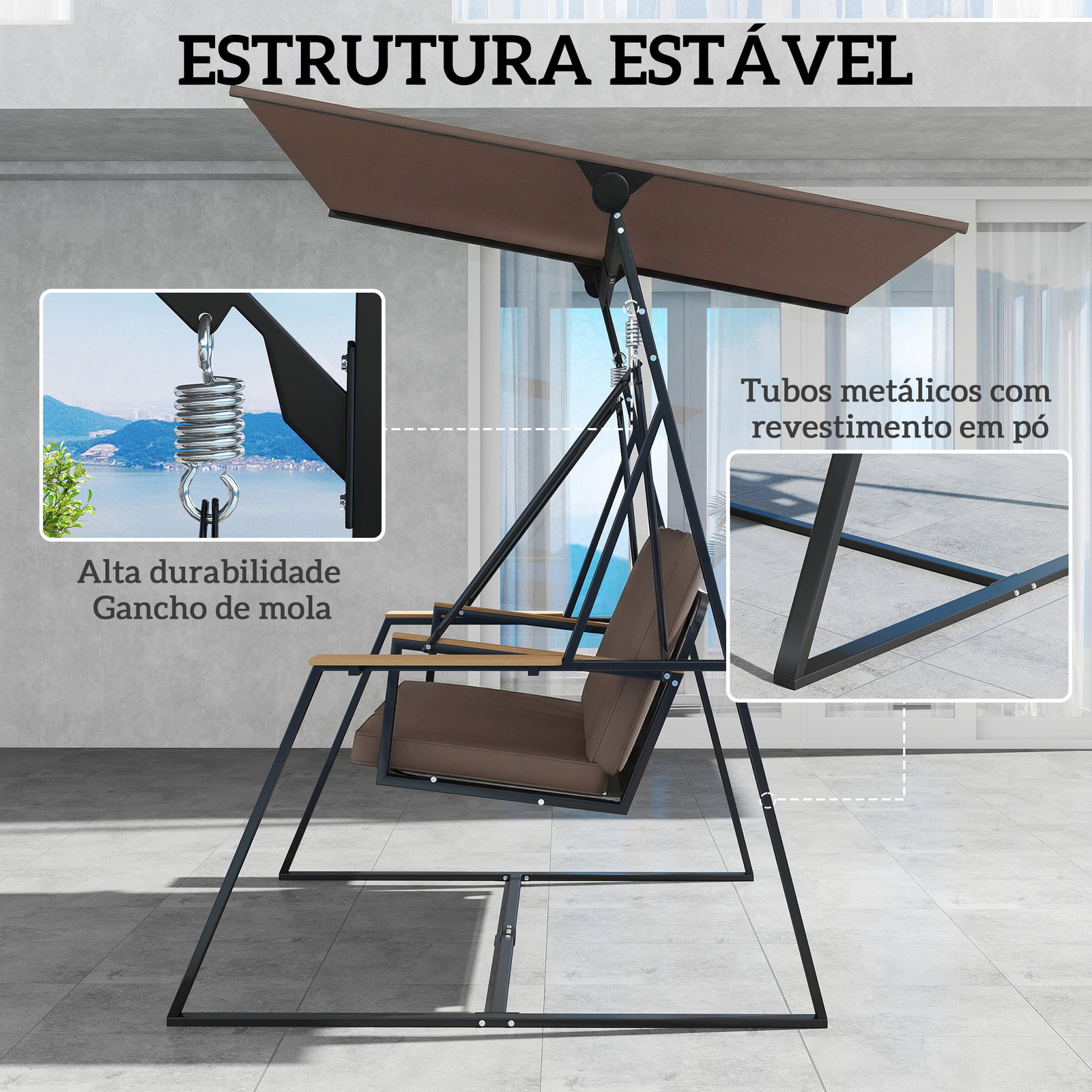 Baloiço de jardim de 3 lugares com teto ajustável upf50+ 2 bandejas almofadas e estrutura em metal 222x131x175 cm marrom