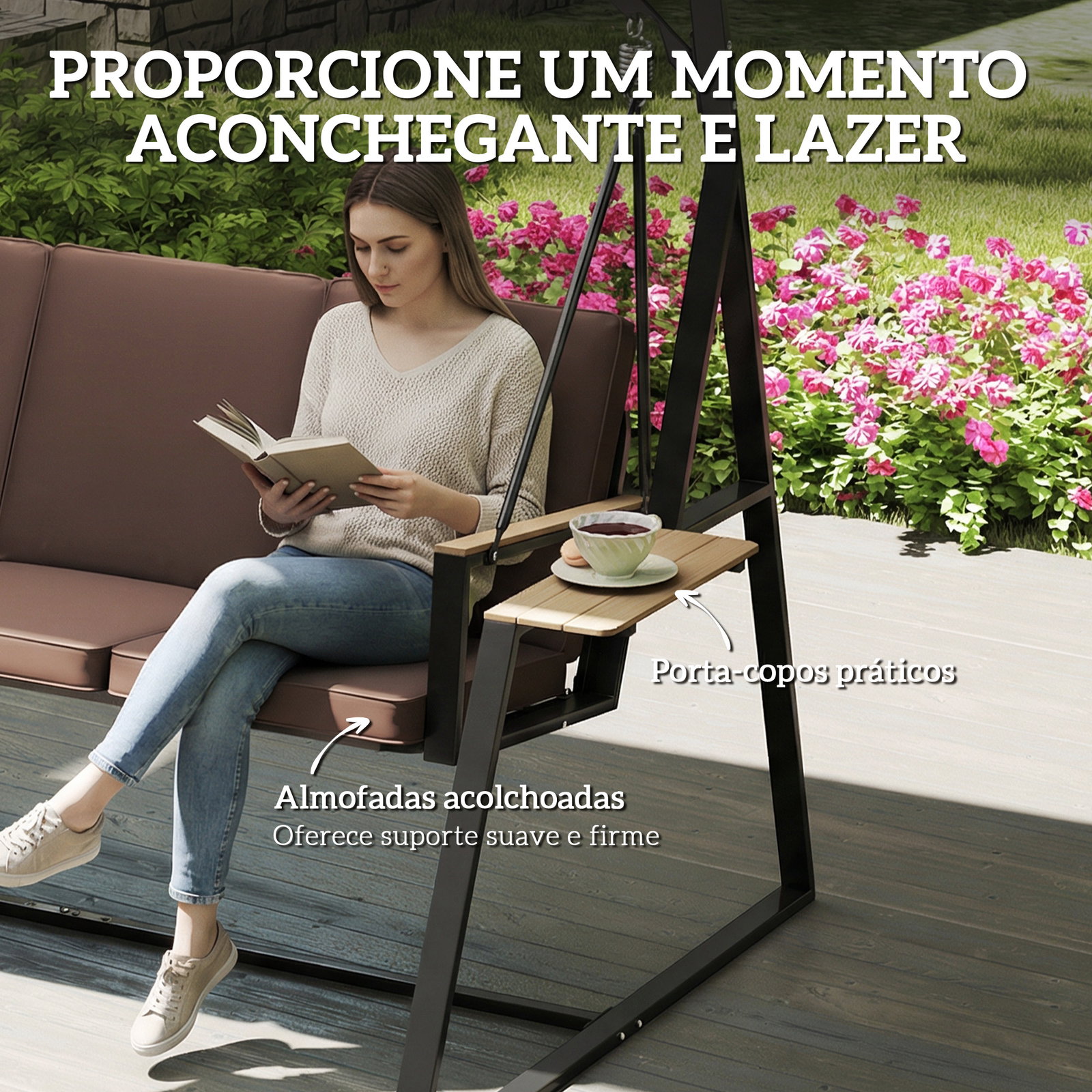 Baloiço de jardim de 3 lugares com teto ajustável upf50+ 2 bandejas almofadas e estrutura em metal 222x131x175 cm marrom