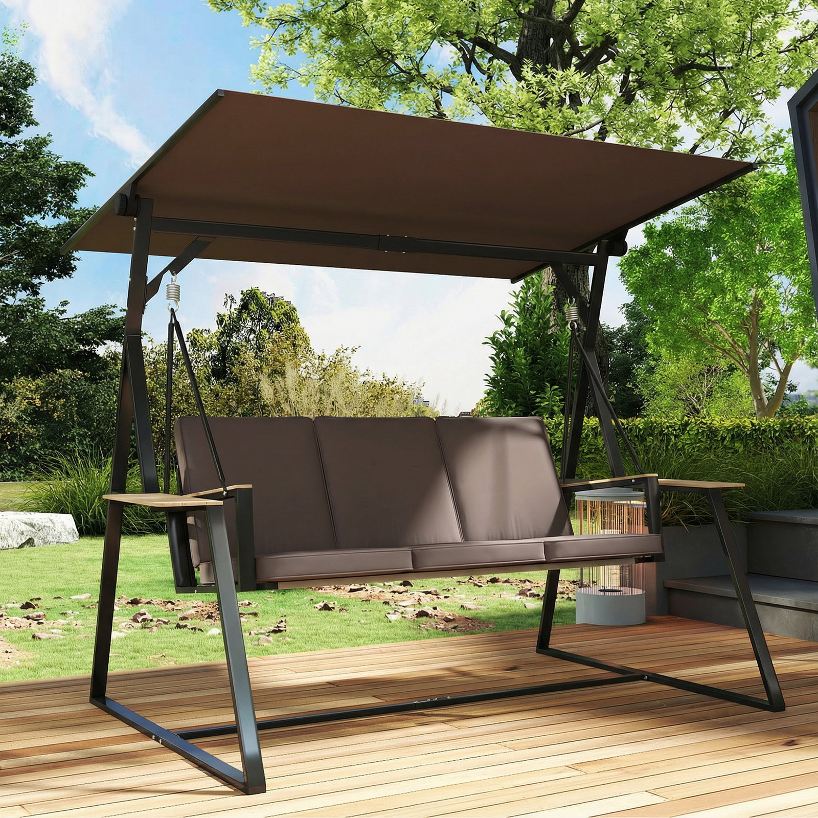 Baloiço de jardim de 3 lugares com teto ajustável upf50+ 2 bandejas almofadas e estrutura em metal 222x131x175 cm marrom