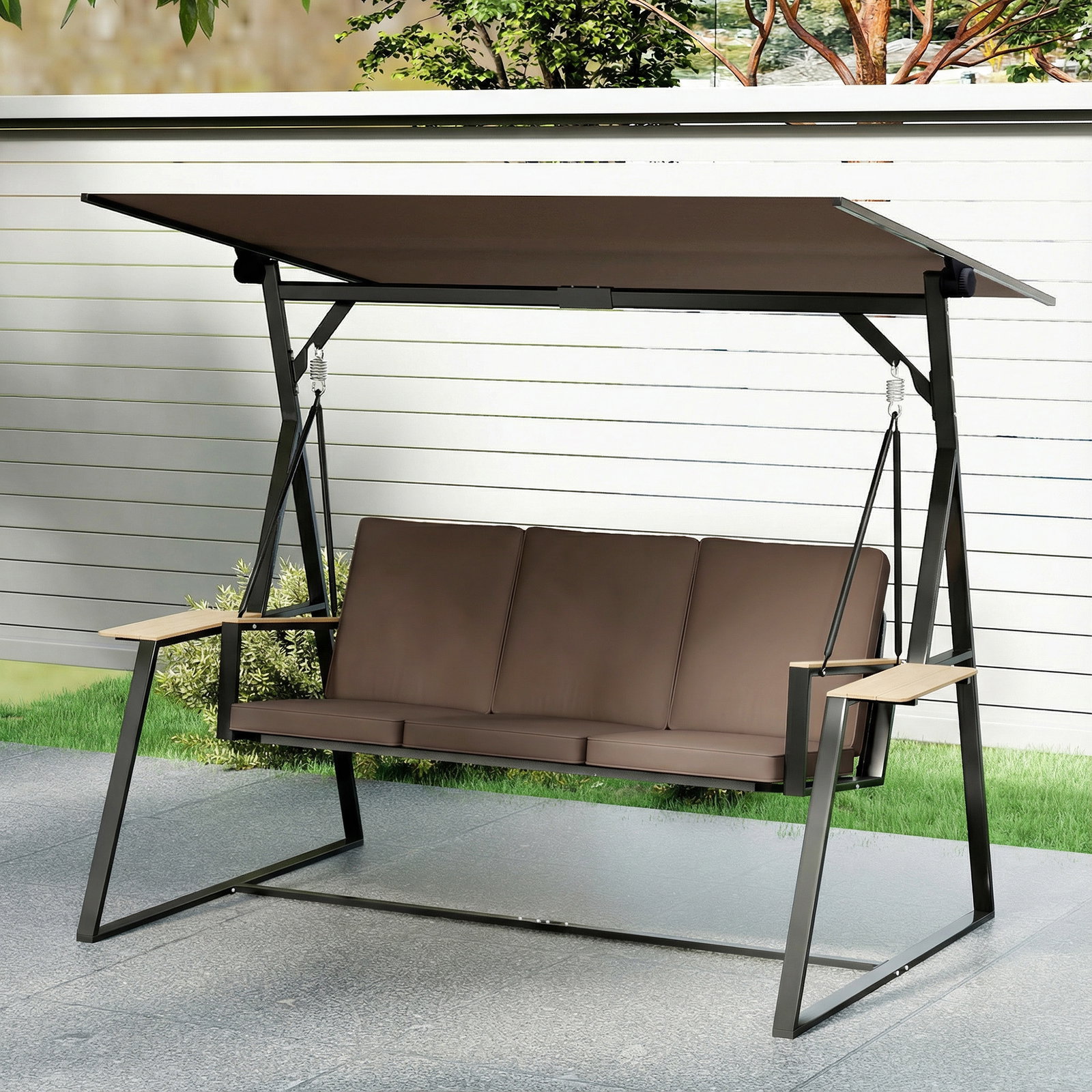 Baloiço de jardim de 3 lugares com teto ajustável upf50+ 2 bandejas almofadas e estrutura em metal 222x131x175 cm marrom