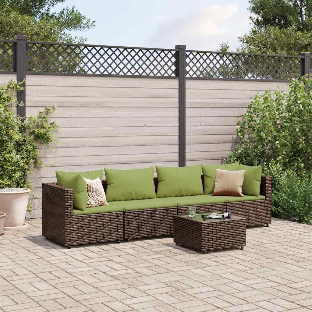 5 Pcs conjunto lounge jardim c/ almofadões vime PE castanho