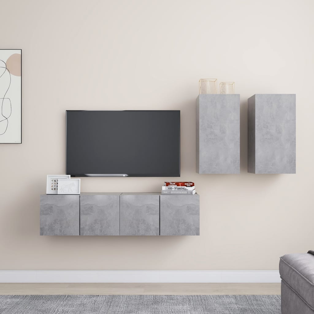 4 Pcs conjunto de móveis de TV contraplacado cinzento cimento