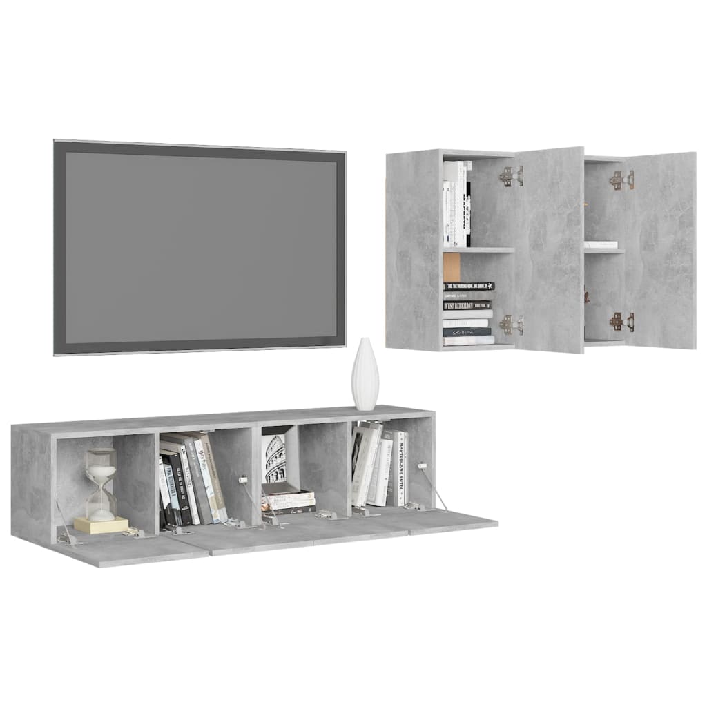 4 Pcs conjunto de móveis de TV contraplacado cinzento cimento