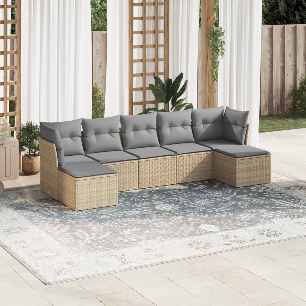 7 Pcs conjunto de sofás p/ jardim com almofadões vime PE bege