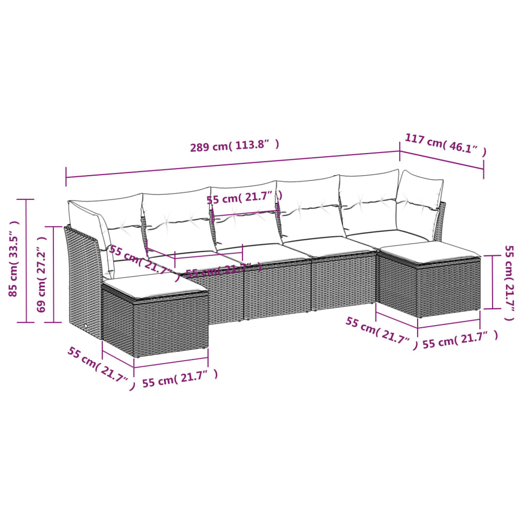 7 Pcs conjunto de sofás p/ jardim com almofadões vime PE bege