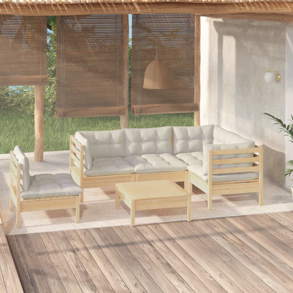6 Pcs conjunto lounge de jardim c/ almofadões cor creme pinho