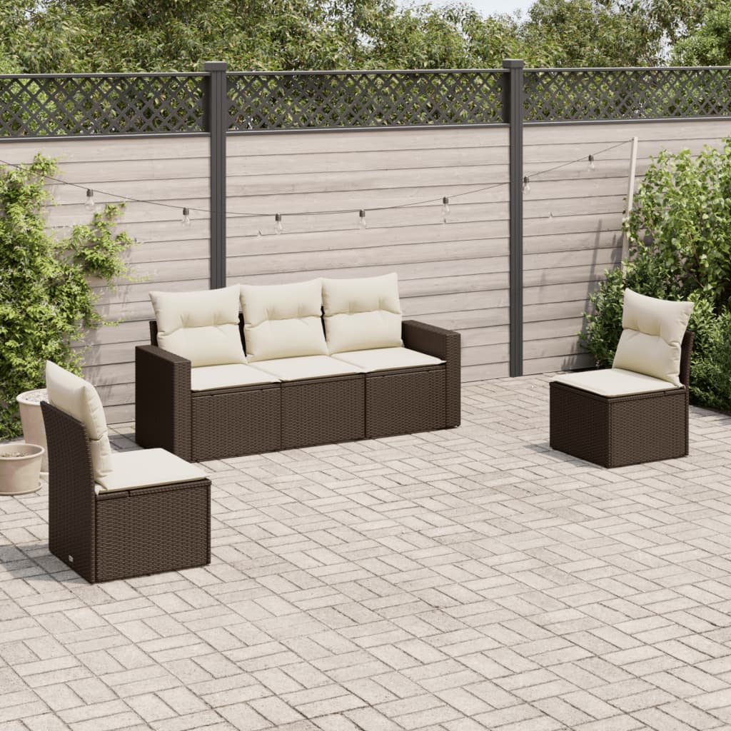 5 Pcs conjunto sofás p/ jardim c/ almofadões vime PE castanho