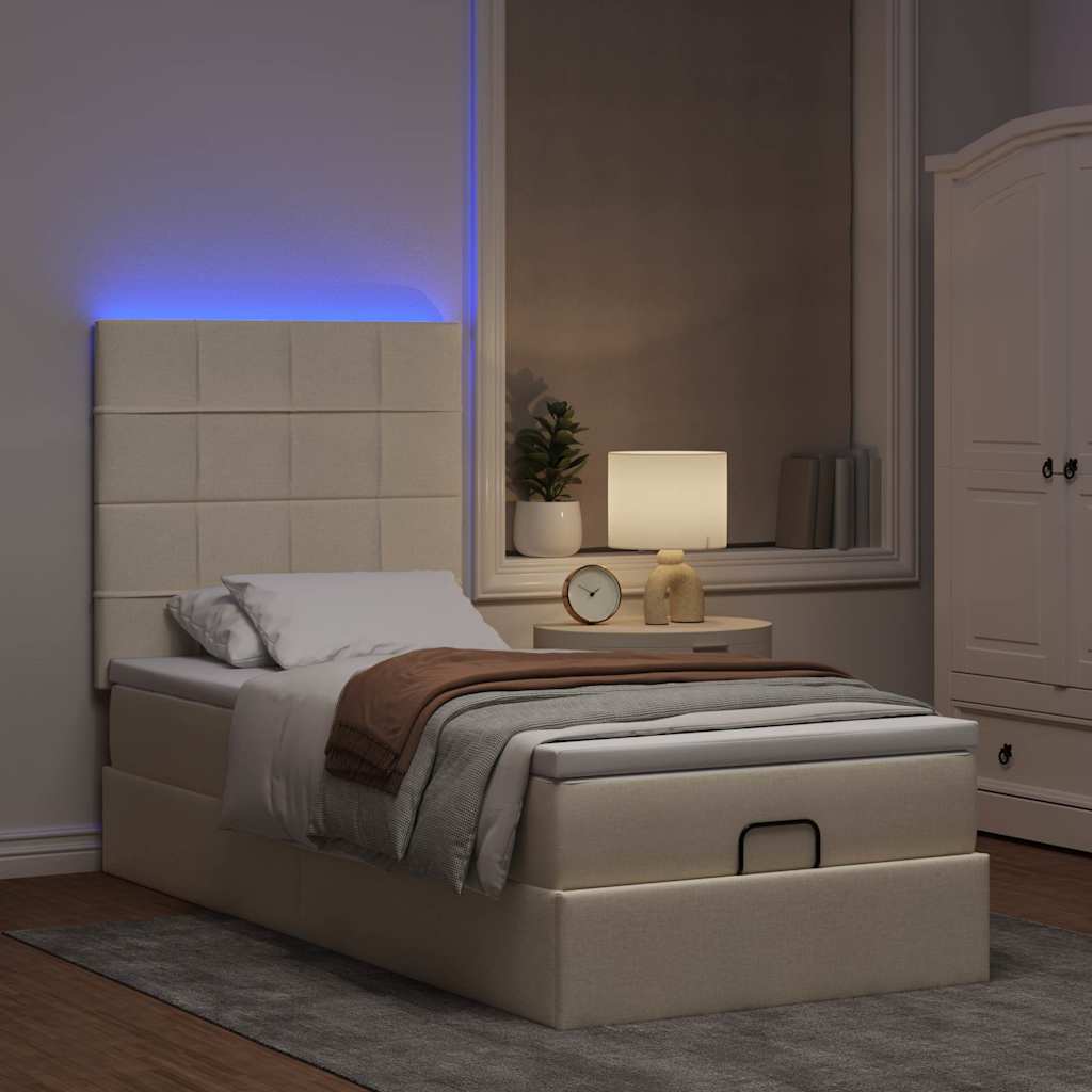 Cama otomana com colchão & leds 90x200 cm tecido creme