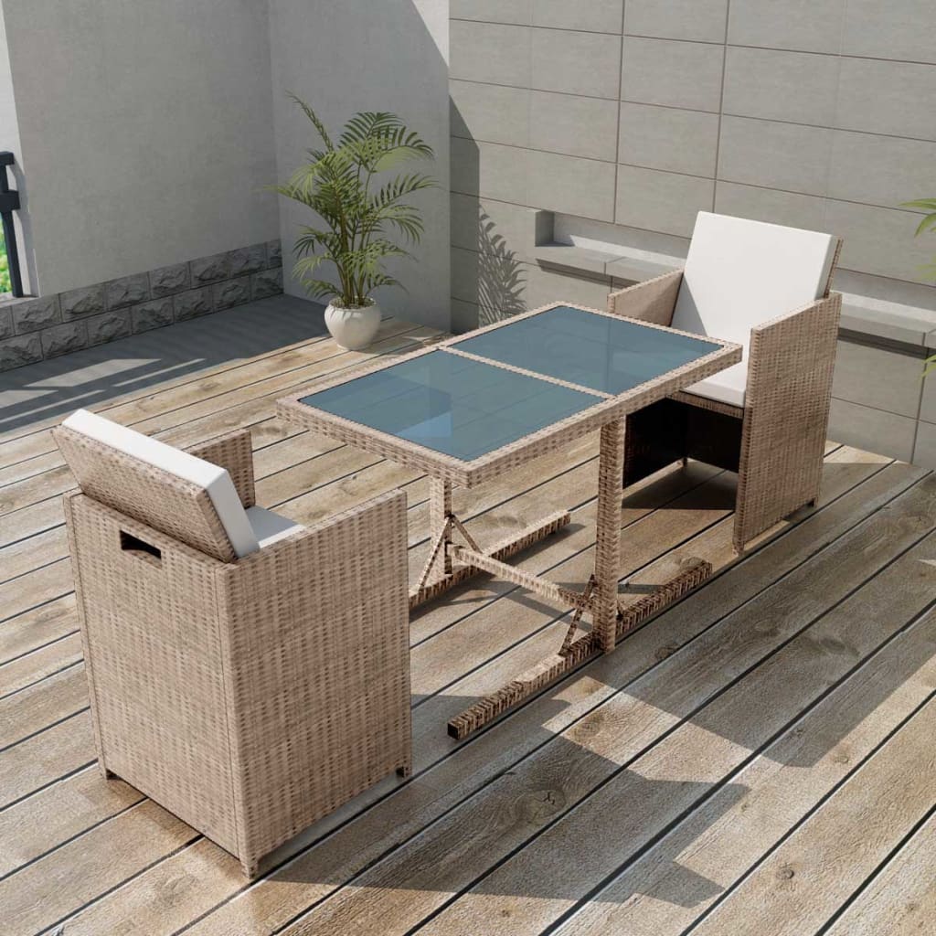 3 Pcs conjunto bistrô com almofadões vime PE bege