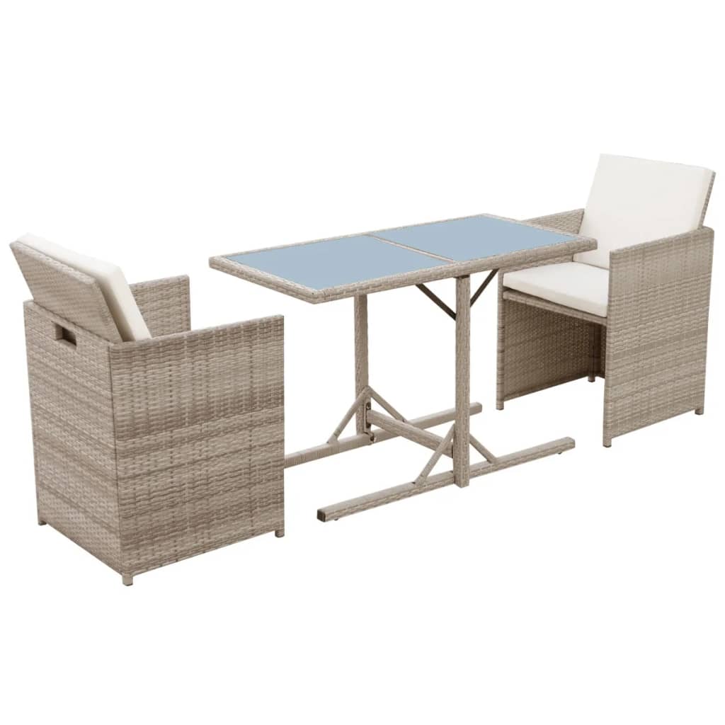 3 Pcs conjunto bistrô com almofadões vime PE bege