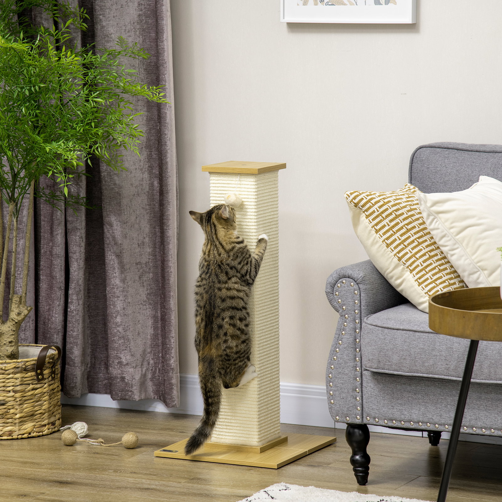 Poste arranhador para gatos com poste de sisal e bola suspensa para interior 38x38x80 cm carvalho