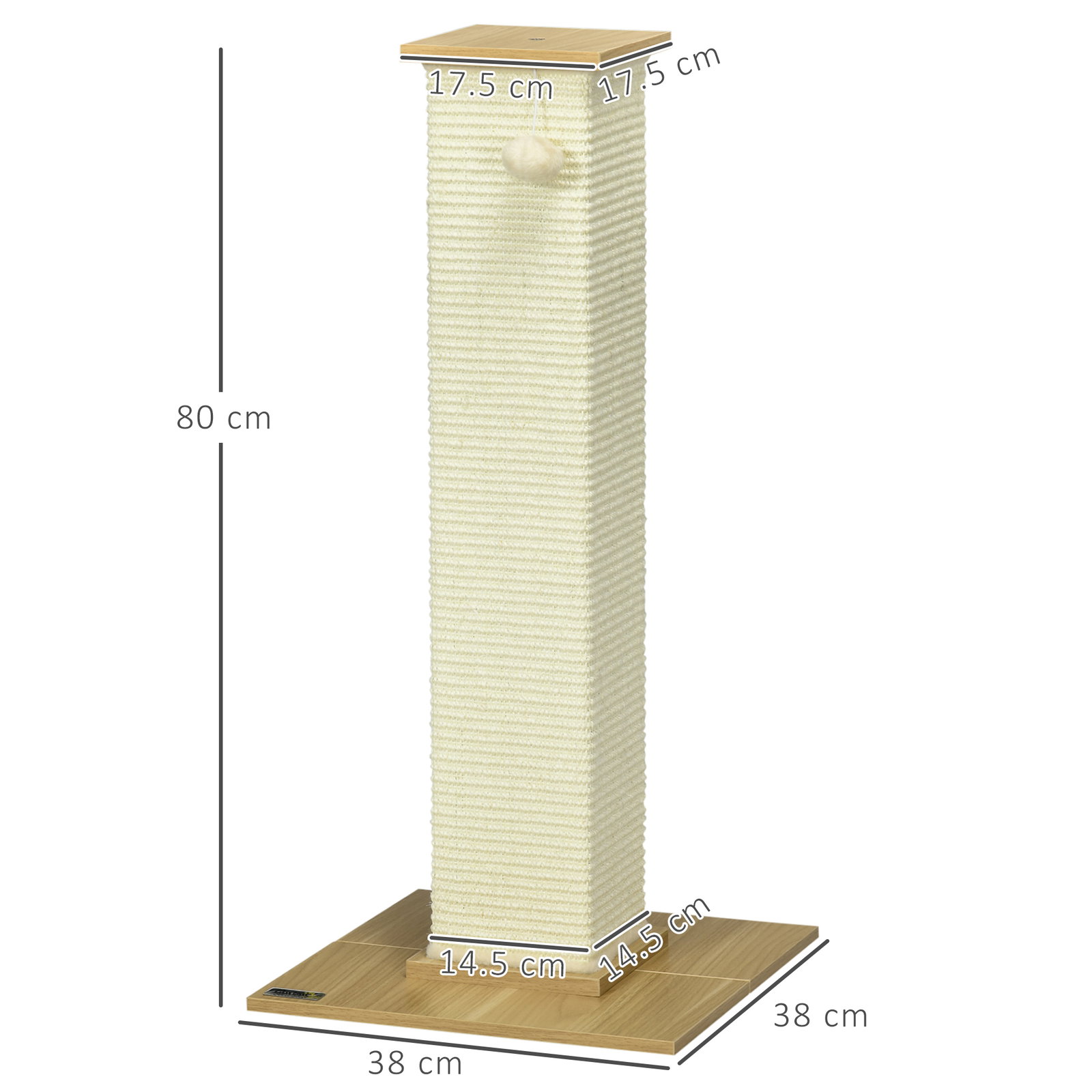 Poste arranhador para gatos com poste de sisal e bola suspensa para interior 38x38x80 cm carvalho