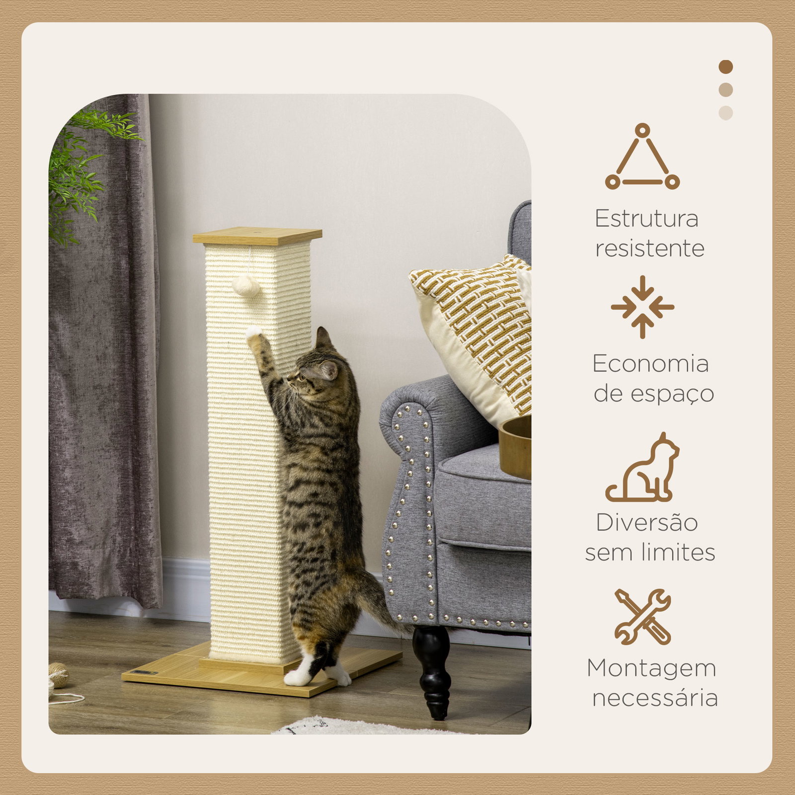 Poste arranhador para gatos com poste de sisal e bola suspensa para interior 38x38x80 cm carvalho