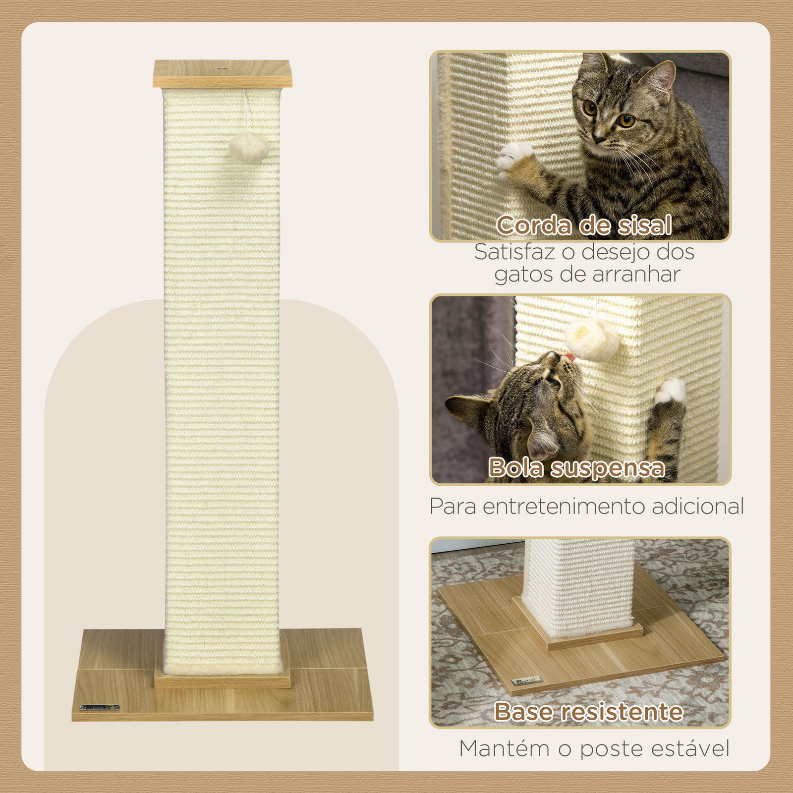Poste arranhador para gatos com poste de sisal e bola suspensa para interior 38x38x80 cm carvalho