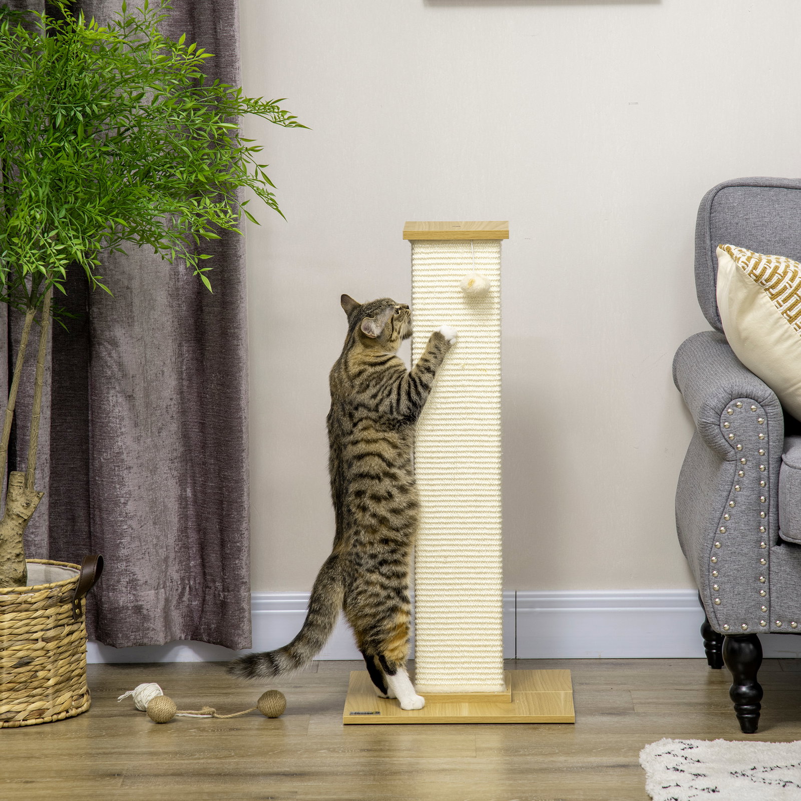 Poste arranhador para gatos com poste de sisal e bola suspensa para interior 38x38x80 cm carvalho