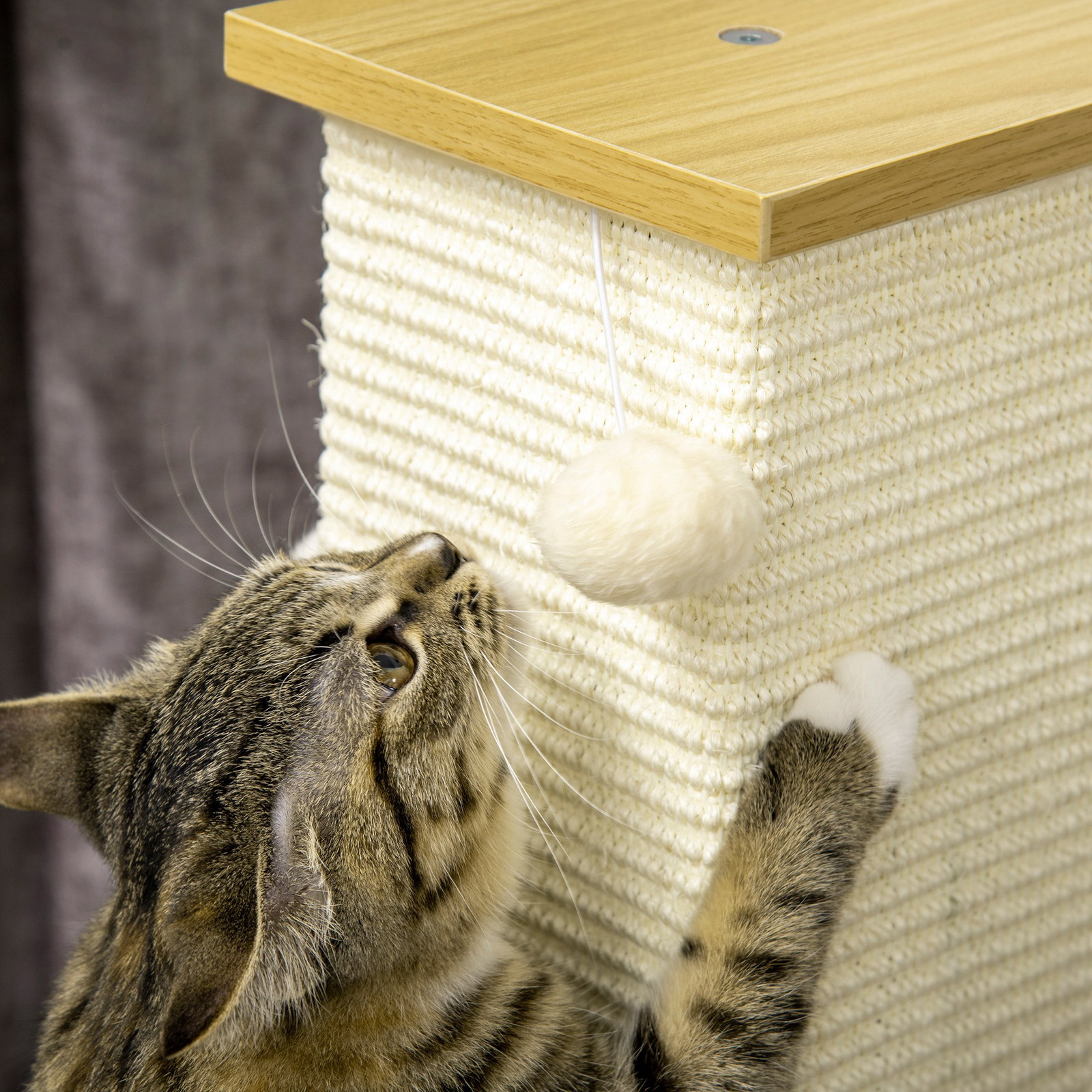 Poste arranhador para gatos com poste de sisal e bola suspensa para interior 38x38x80 cm carvalho