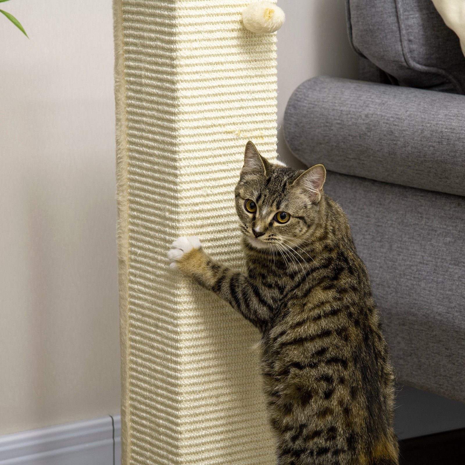 Poste arranhador para gatos com poste de sisal e bola suspensa para interior 38x38x80 cm carvalho