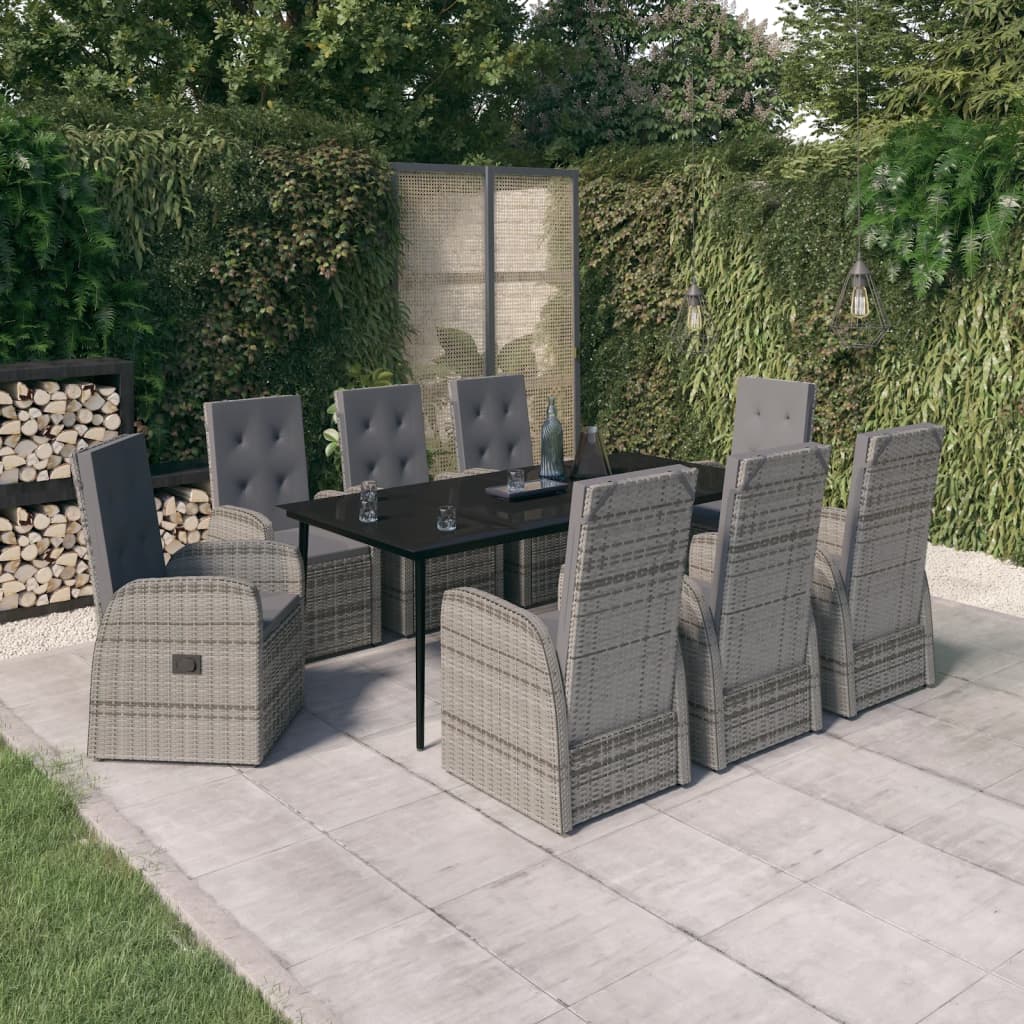9 Pcs conjunto de jantar para jardim com almofadões cinza
