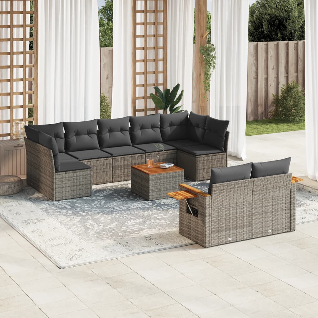 10 Pcs conjunto sofás de jardim c/ almofadões vime PE cinzento
