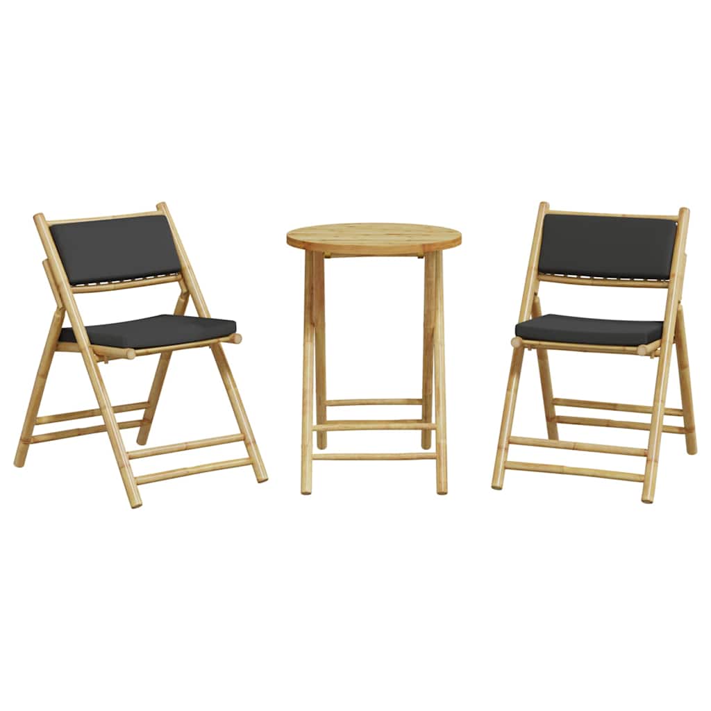 3 Pcs conjunto bistrô dobrável c/ almofadões cinza escuro bambu