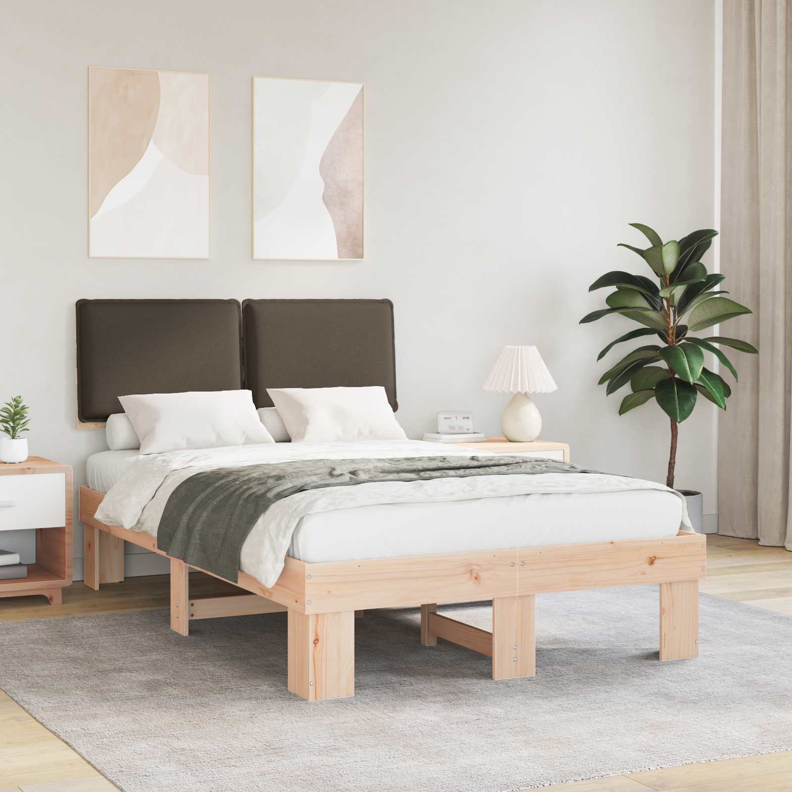 Estrutura de cama com cabeceira estofada cinzento-acastanhado