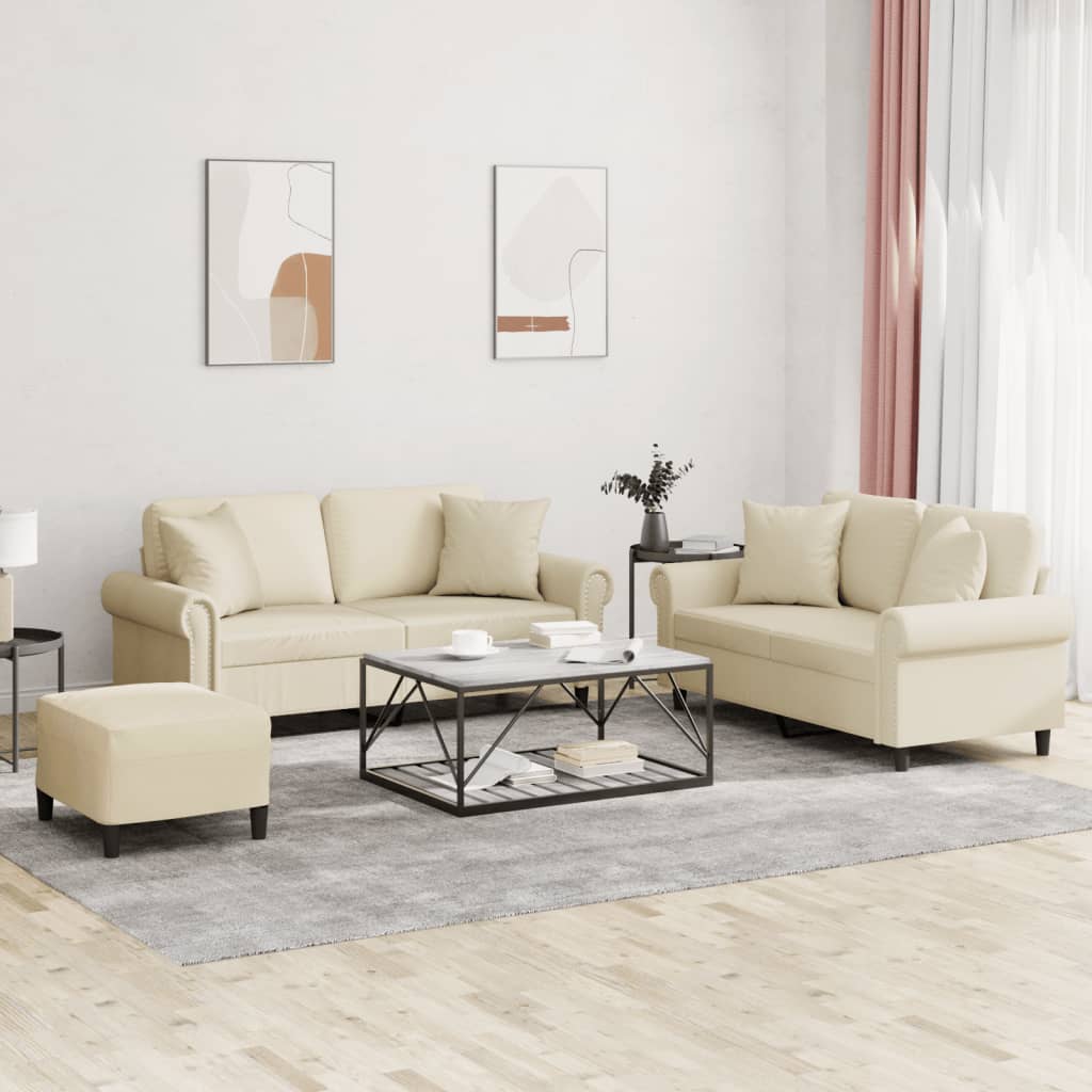 3 Pcs conjunto de sofás com almofadas couro artificial creme