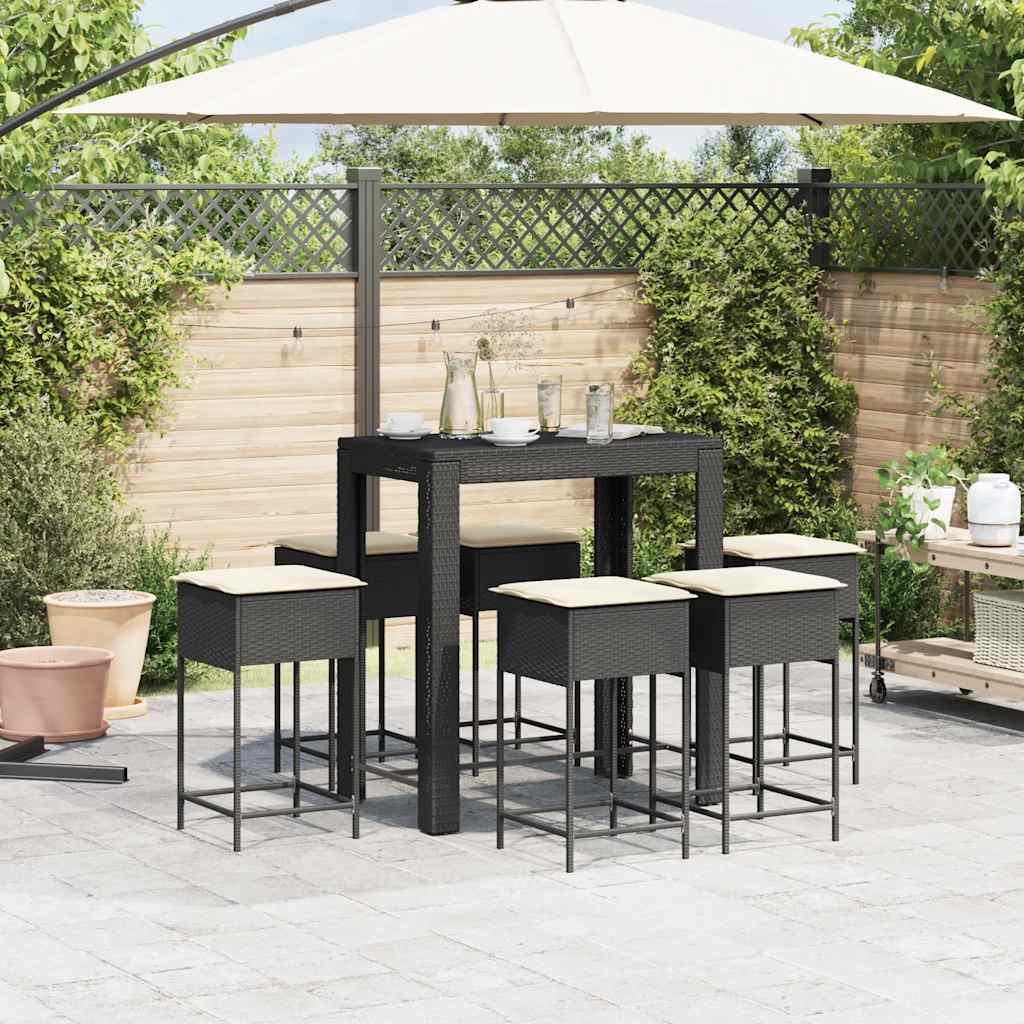 7 Pcs conjunto de bar para jardim c/ almofadões vime PE preto