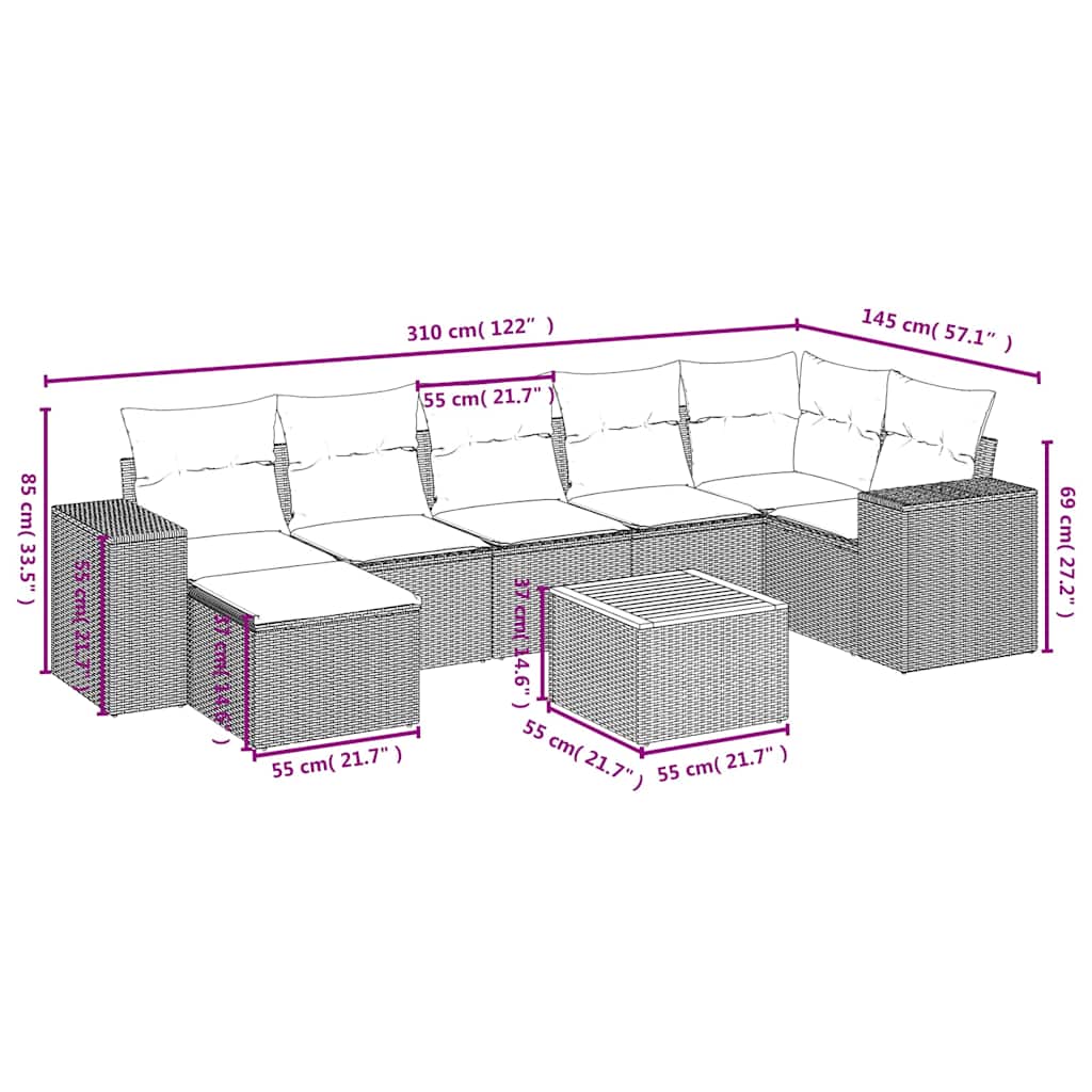 8 Pcs conjunto sofás de jardim com almofadões vime PE preto