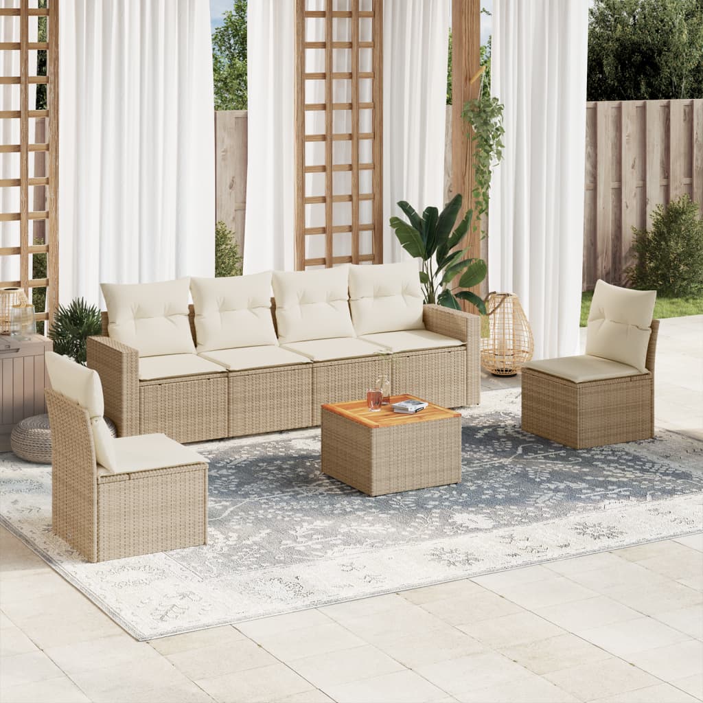 7 Pcs conjunto de sofás p/ jardim com almofadões vime PE bege