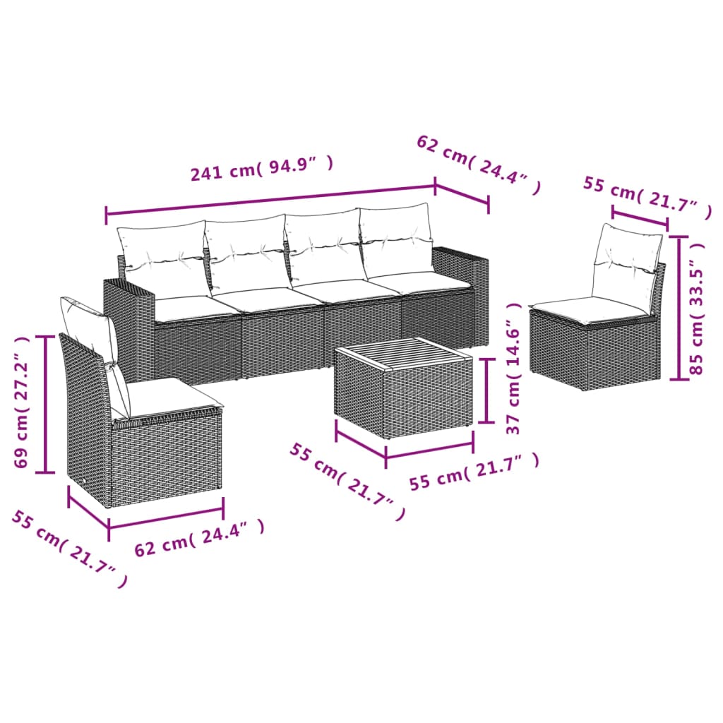 7 Pcs conjunto de sofás p/ jardim com almofadões vime PE bege