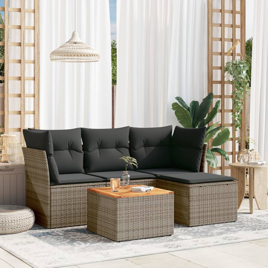 5 Pcs conjunto sofás de jardim c/ almofadões vime PE cinzento