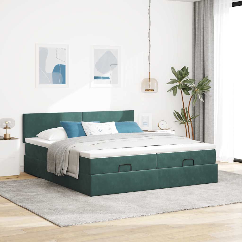 Estrutura de cama otomana com colchão verde escuro veludo