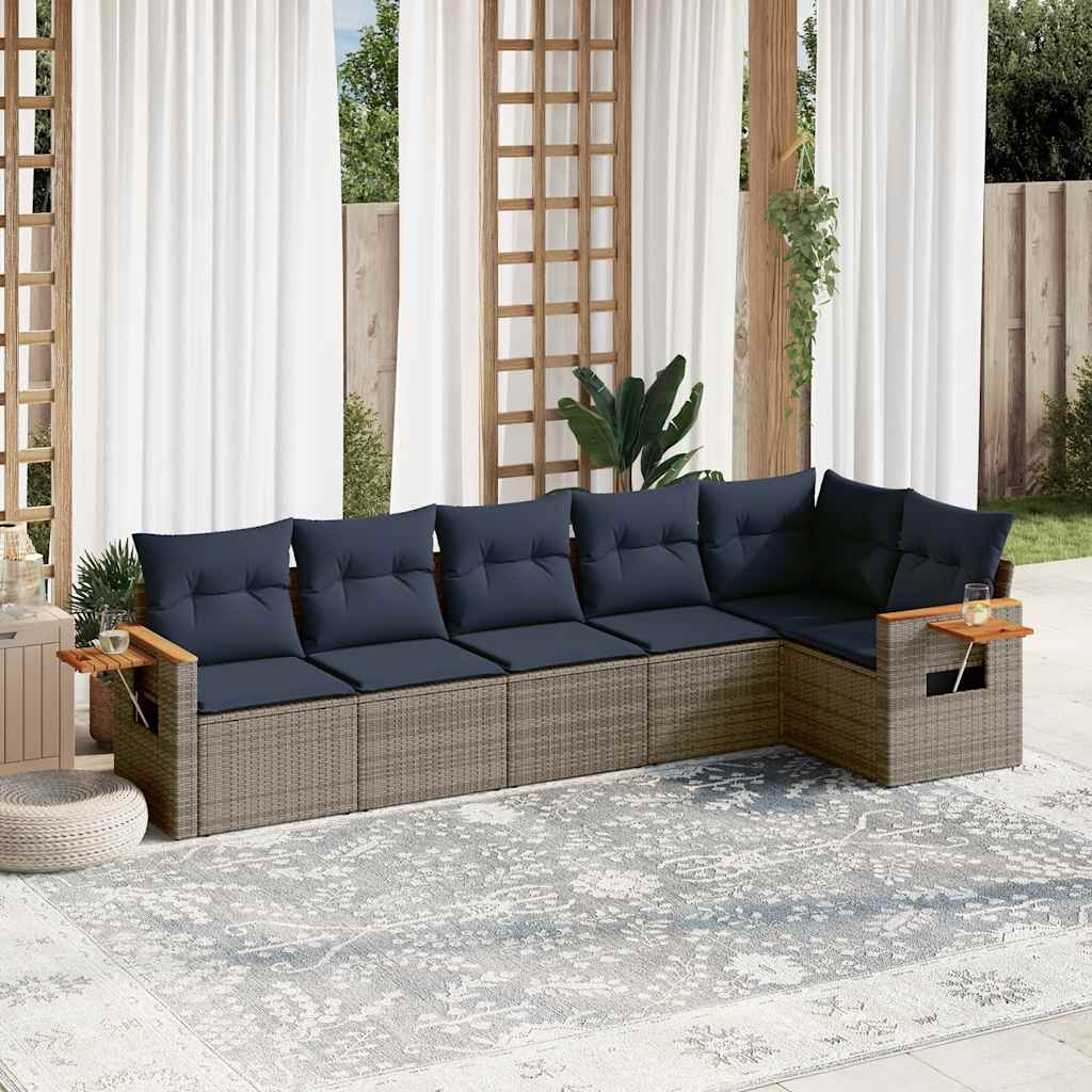 6 Pcs conjunto sofás p/ jardim c/ almofadões vime PE cinzento