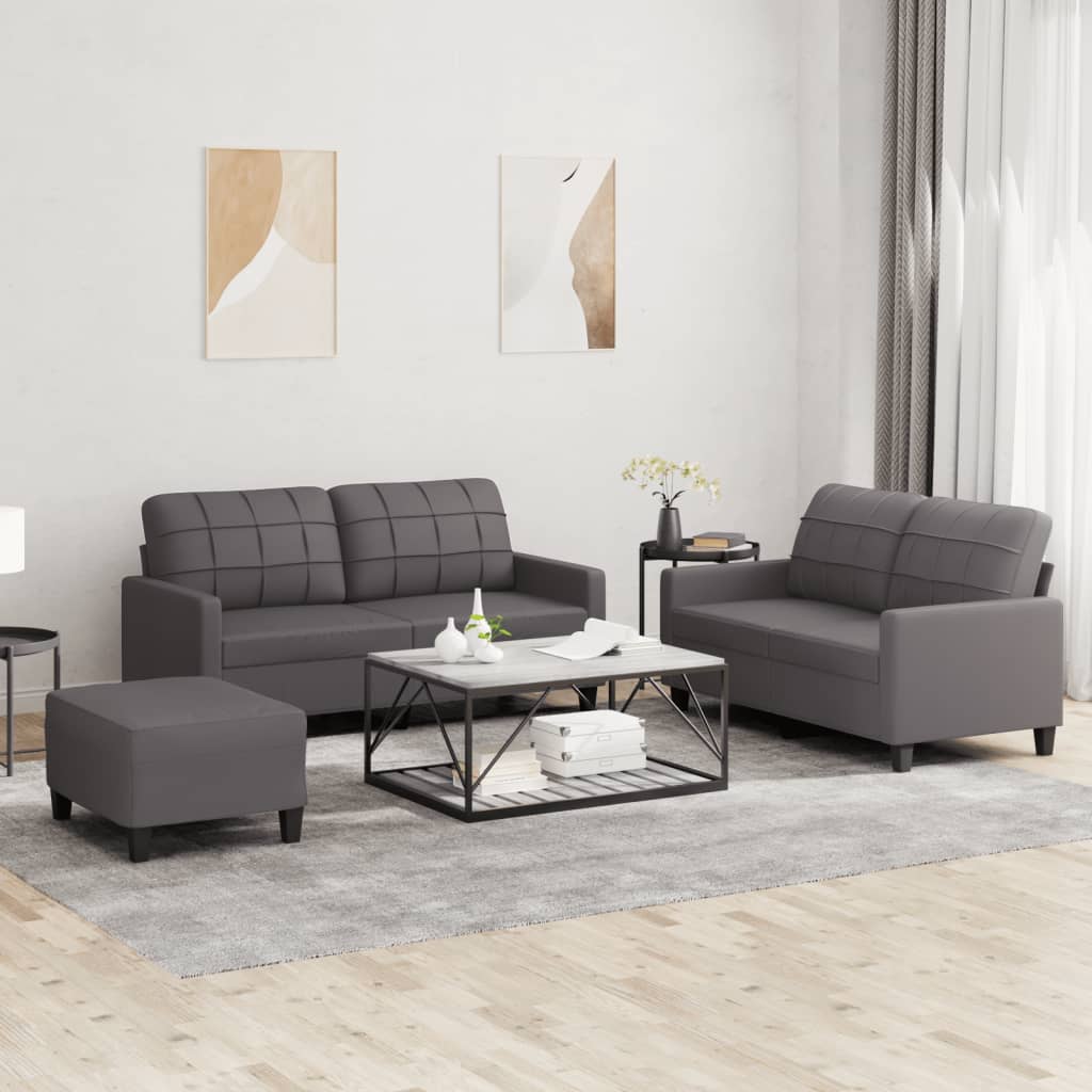 3 Pcs conjunto de sofás c/ almofadões couro artificial cinzento