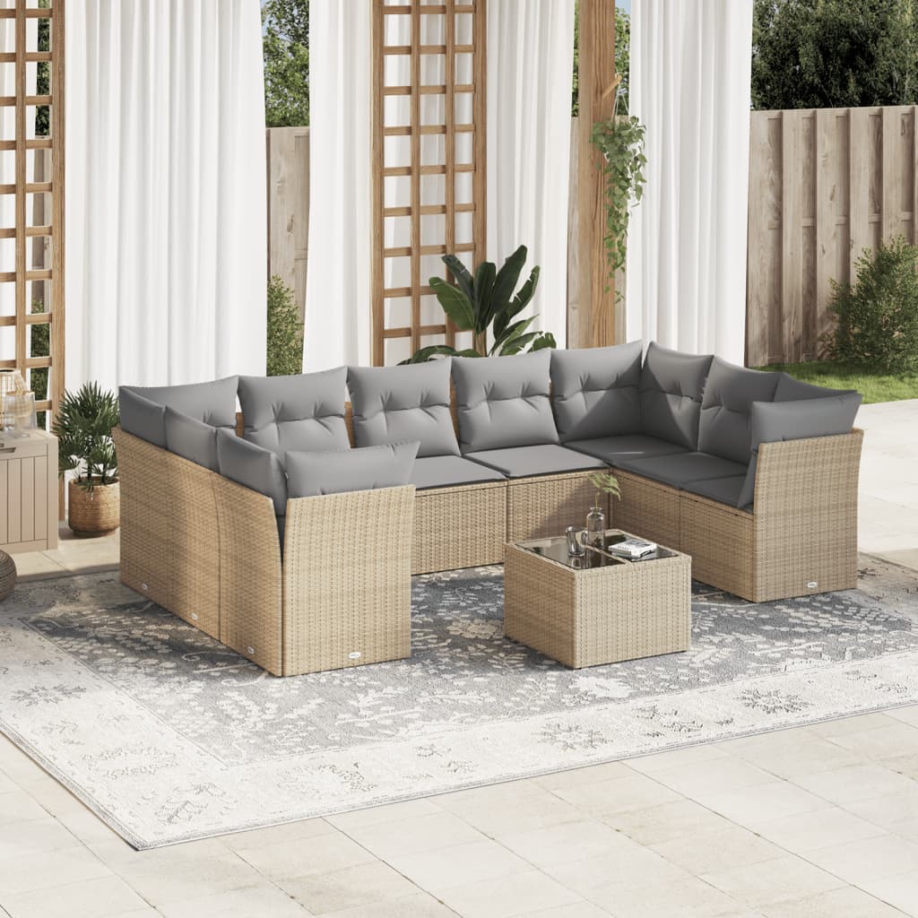 10 Pcs conjunto de sofás p/ jardim com almofadões vime PE bege