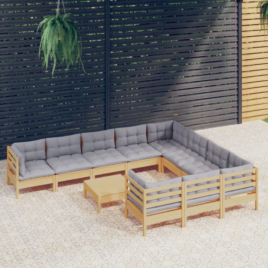 11 Pcs conjunto lounge de jardim c/ almofadões cinza pinho
