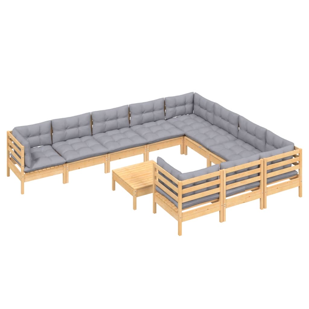 11 Pcs conjunto lounge de jardim c/ almofadões cinza pinho