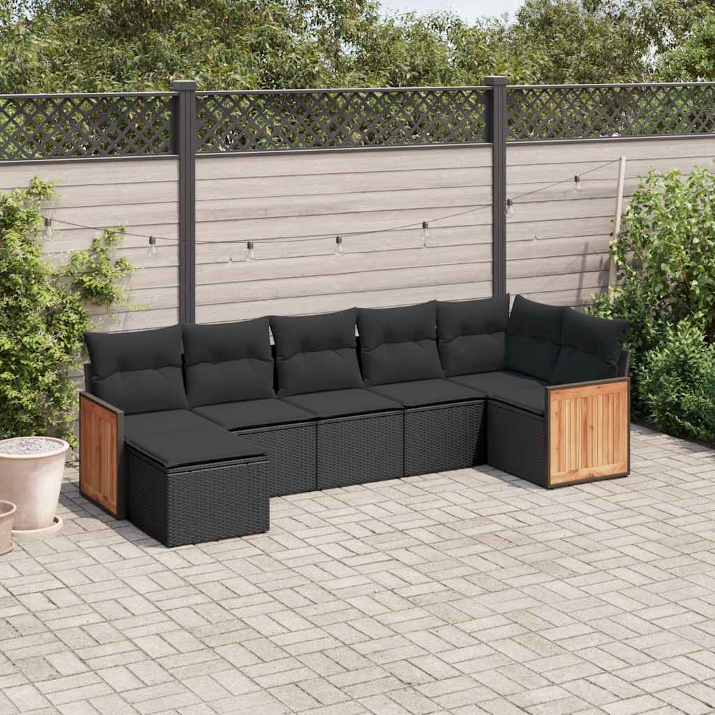 7 Pcs conjunto de sofás p/ jardim c/ almofadões vime PE preto